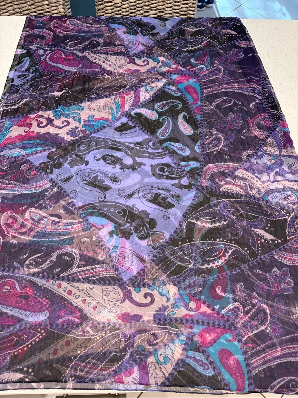 Cynthia Rowley Purple Paisley Sheer Scarf with Pink & Blue Accents
